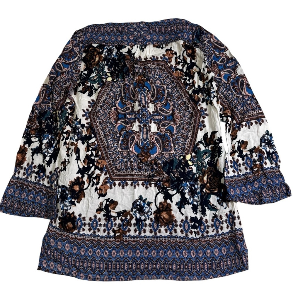 Colleen Lopez Blue & White Paisley Tunic Top Size XS V Neck Velvet Trim NWOT - Picture 3 of 9